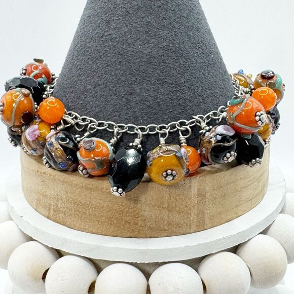 Wedding Cake Glass Bead Cha Cha Charm Bracelet Orange Black Halloween Jewelry - Picture 7 of 11